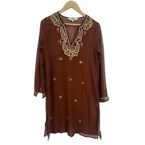 Vintage Y2K Tramp Brown Sheer Embroidered Tunic Blouse Cover Up Medium
